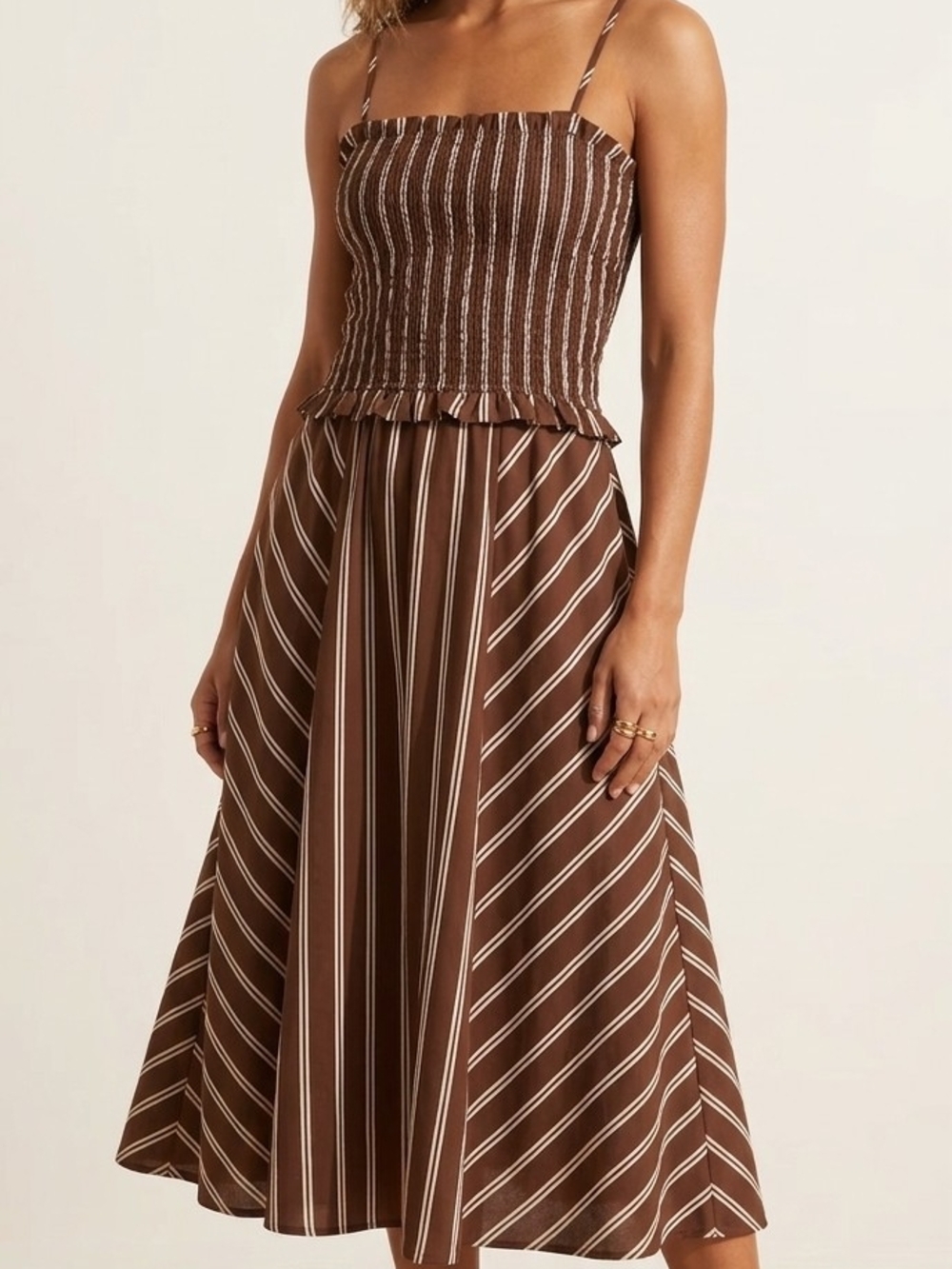 BRAND NEW NEVER WORN Trixxi Brown Striped Smocked Midi wDress Pockets Size LARGE